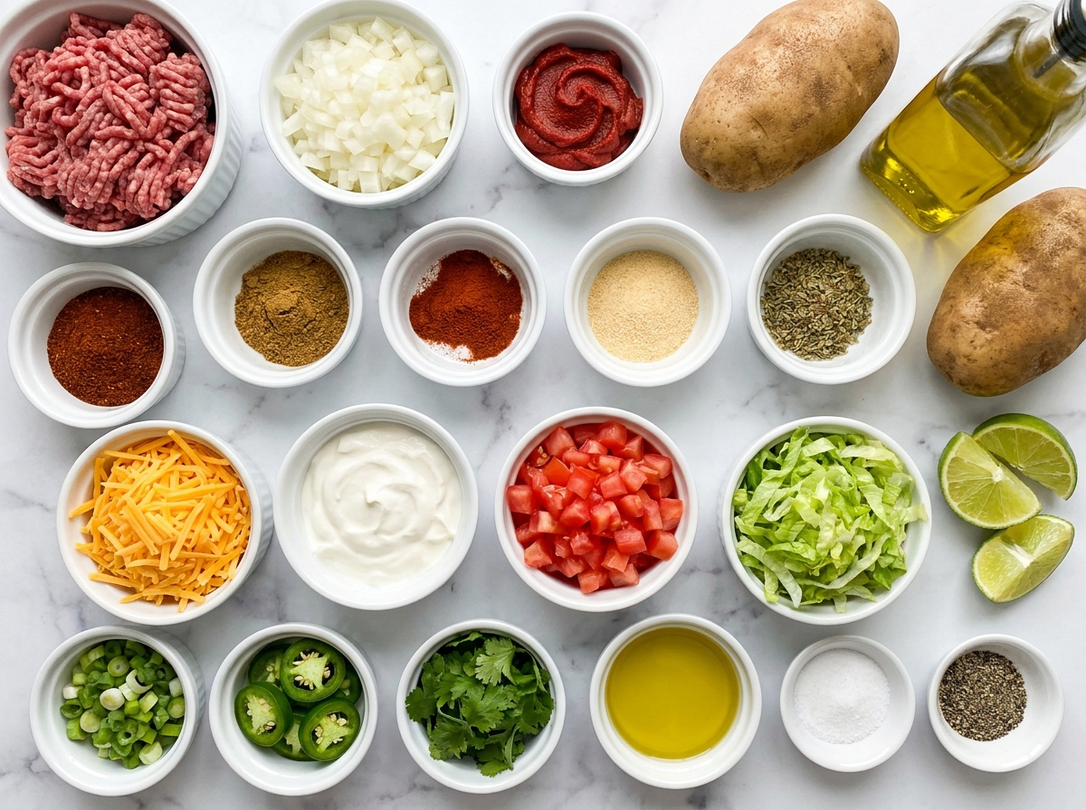 Ingredients for cheesy taco potatoes with beef, cheddar, vegetables, and lime