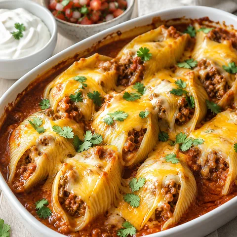 Cheesy taco stuffed shells with beef, cheddar, cilantro, and enchilada sauce