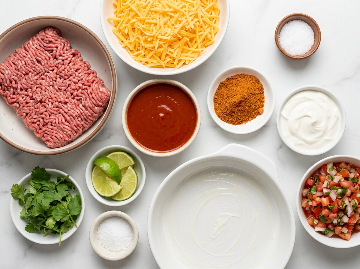Ingredients for taco stuffed shells with beef, cheddar, and enchilada sauce