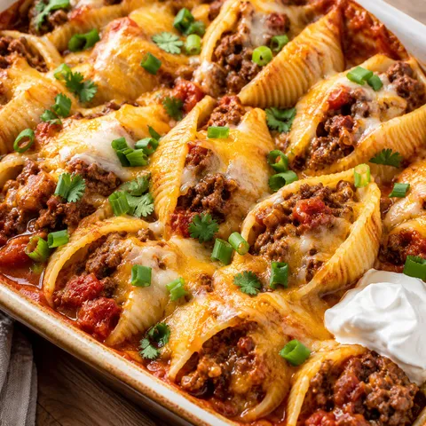 Cheesy taco stuffed shells with salsa, melted cheese, cilantro, and scallions