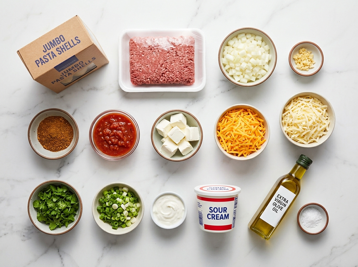 Ingredients for cheesy taco stuffed shells with pasta, beef, salsa, and cheese