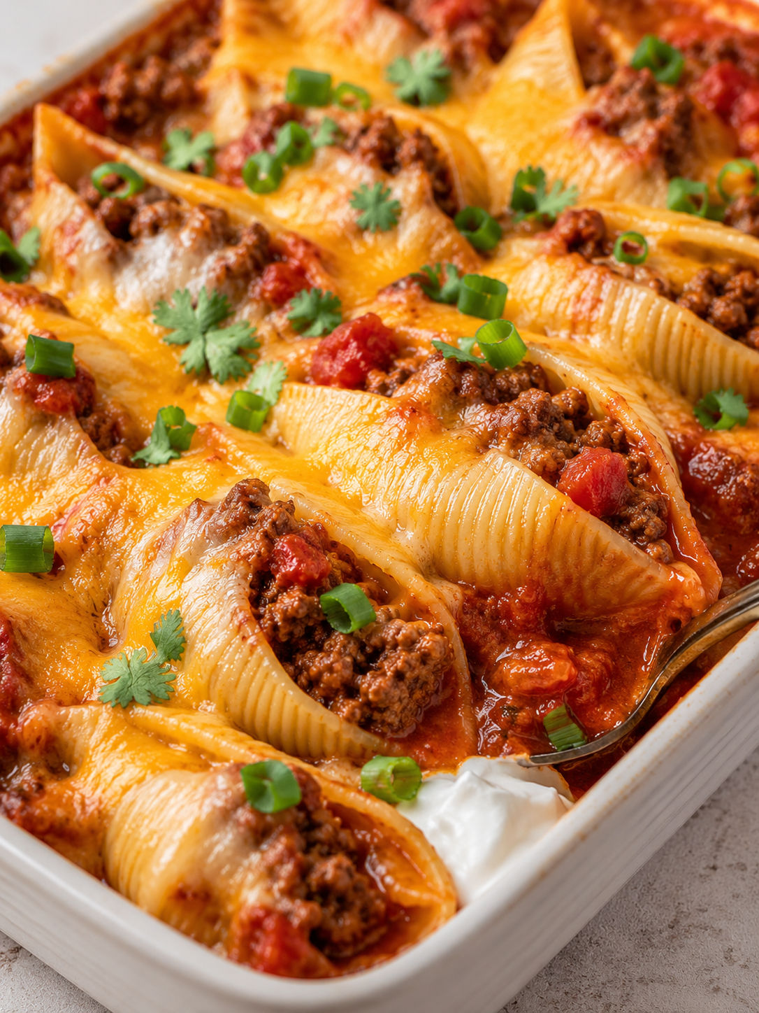 Cheesy Taco Stuffed Shells, plated and served