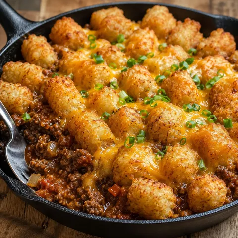 Cheesy tater tot sloppy joe skillet with melted cheddar and green onions