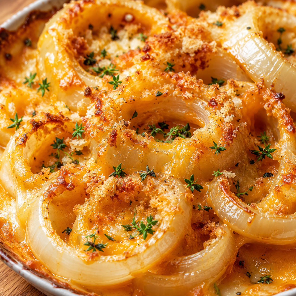 Baked cheesy Tennessee onion rings with melted cheddar and thyme