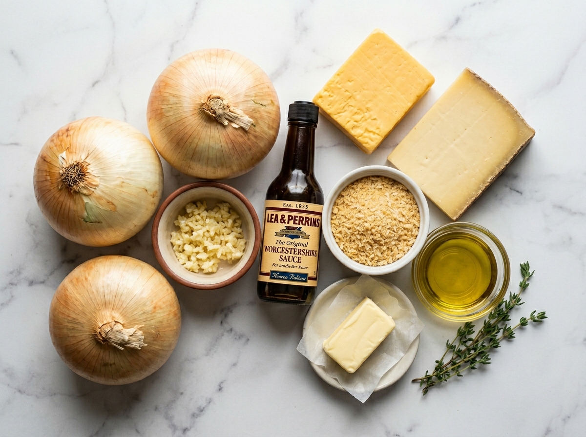 Raw ingredients for cheesy Tennessee onions on a wooden board