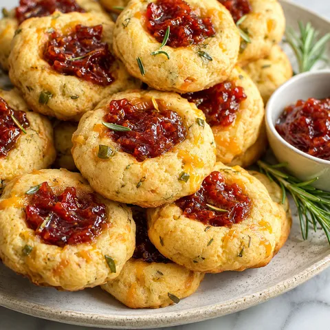 Cheesy savory thumbprint cookies with glossy bourbon tomato jam centers