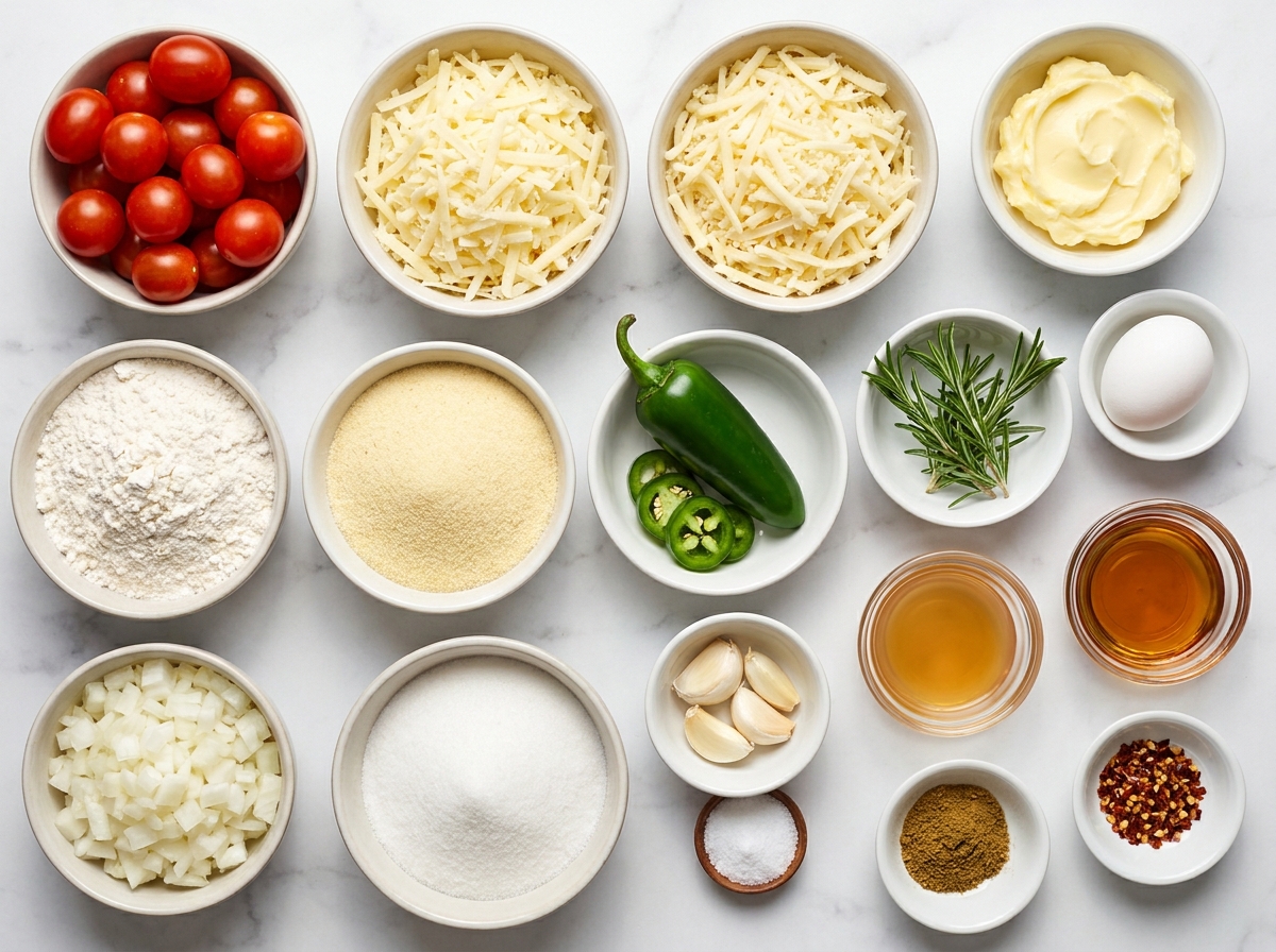 Ingredients for cheesy thumbprint cookies with bourbon tomato jam