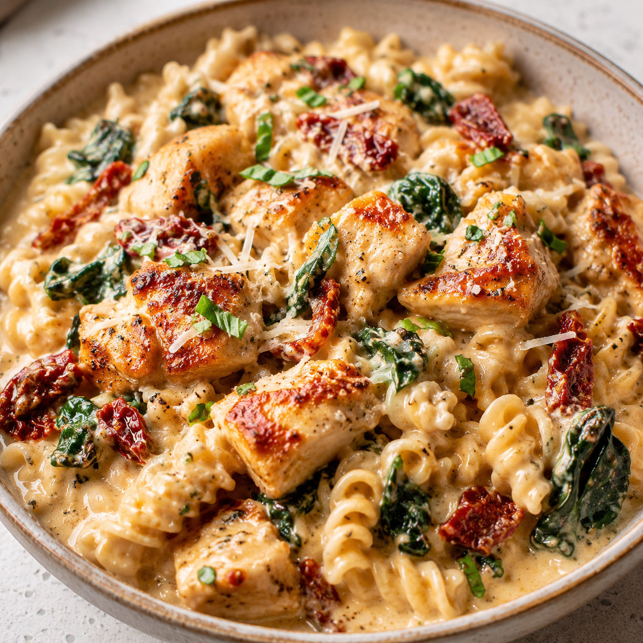 Cheesy Tuscan chicken rotini with sun-dried tomatoes and spinach
