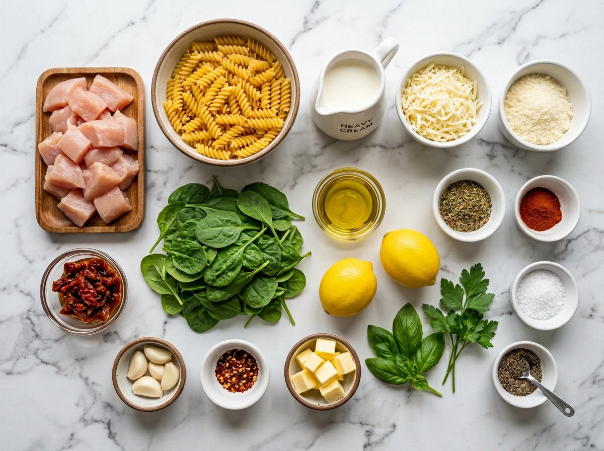Ingredients for Tuscan chicken rotini with spinach and sun-dried tomatoes