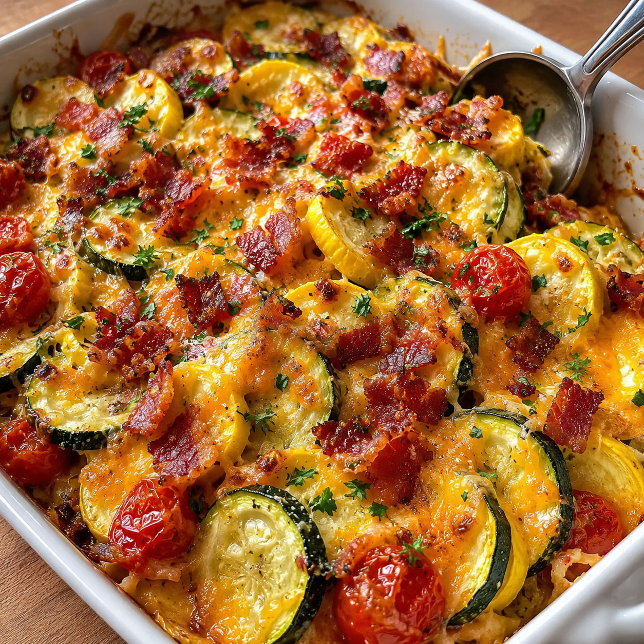 Cheesy zucchini squash bake with bacon and tomato in a white dish