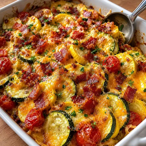 Cheesy zucchini squash bake with bacon and tomato in a white dish