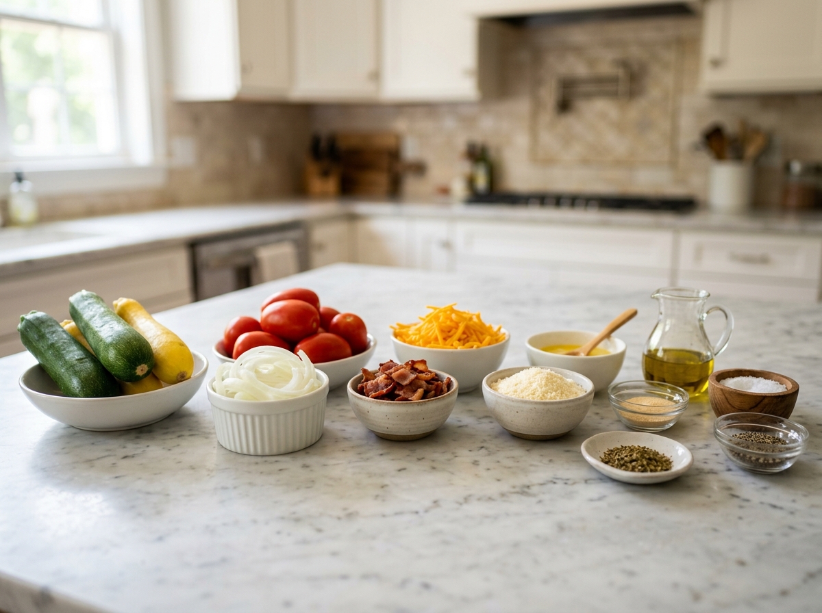 Zucchini, yellow squash, tomatoes, bacon, cheddar, and parmesan ingredients