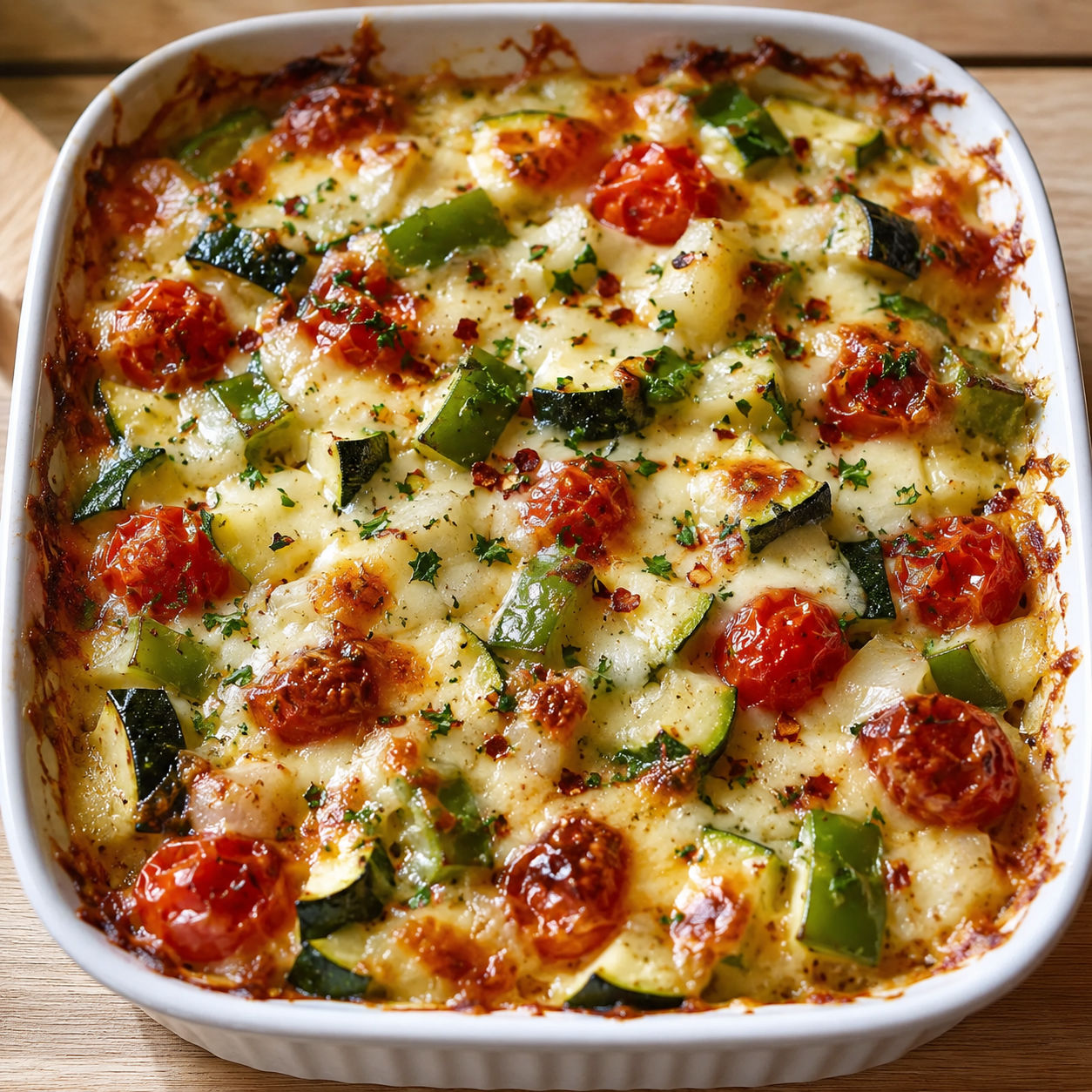 Cheesy zucchini with peppers, tomatoes, mozzarella, and parsley in a baking dish