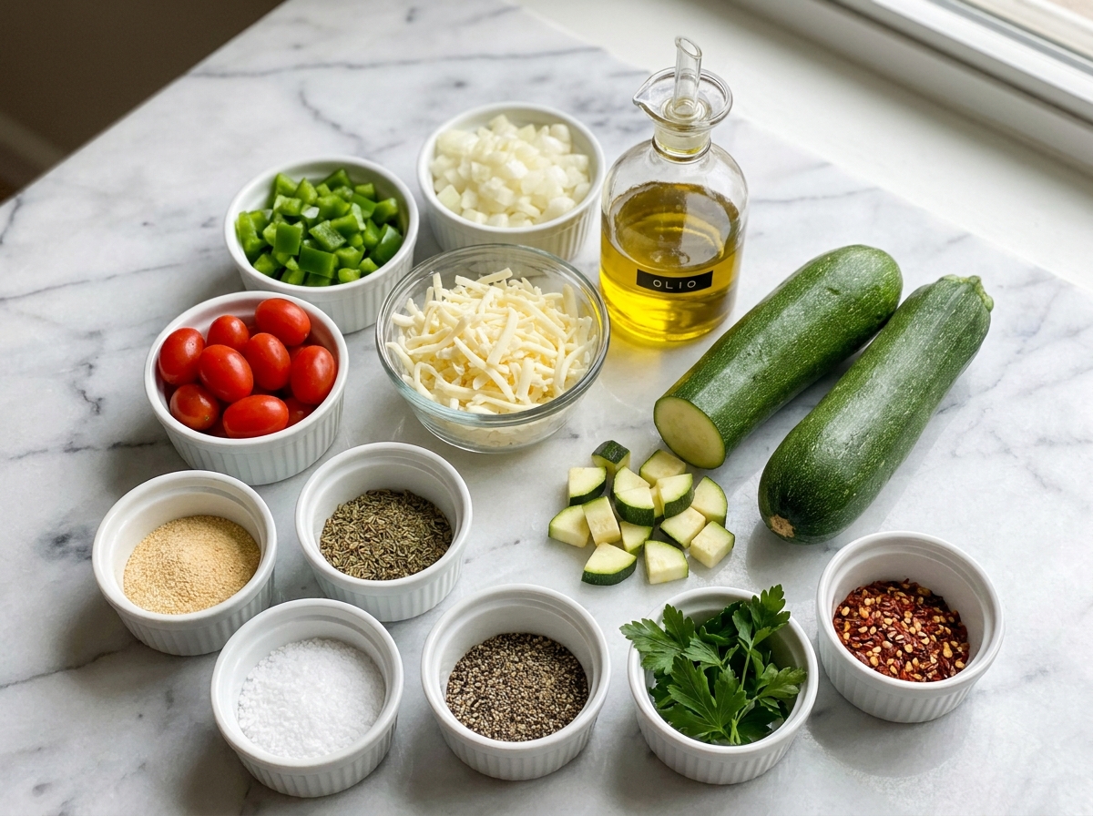 Raw zucchini, green pepper, tomatoes, onion, mozzarella, herbs, and olive oil