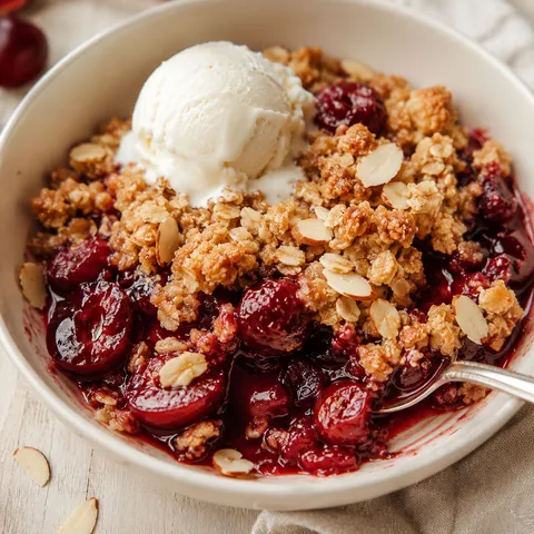 Cherry almond crisp with maple, toasted almonds, and vanilla ice cream