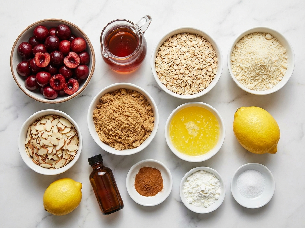 Ingredients for cherry almond crisp with oats, almonds, maple, and cherries