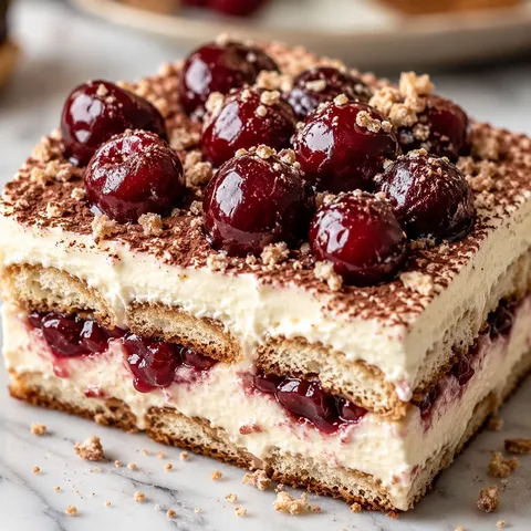 Cherry amaretto tiramisu slice with mascarpone cream and glossy cherries
