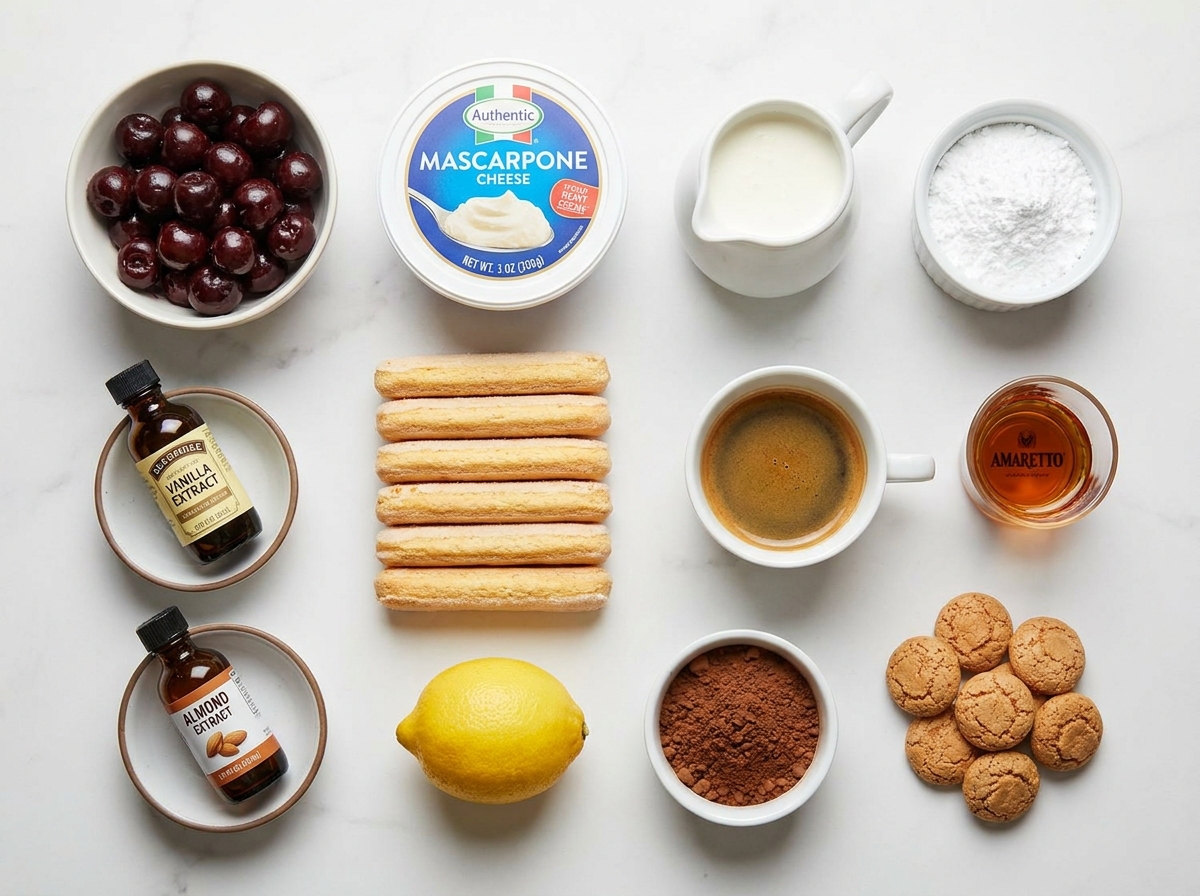 Ingredients for cherry amaretto tiramisu with mascarpone and ladyfingers