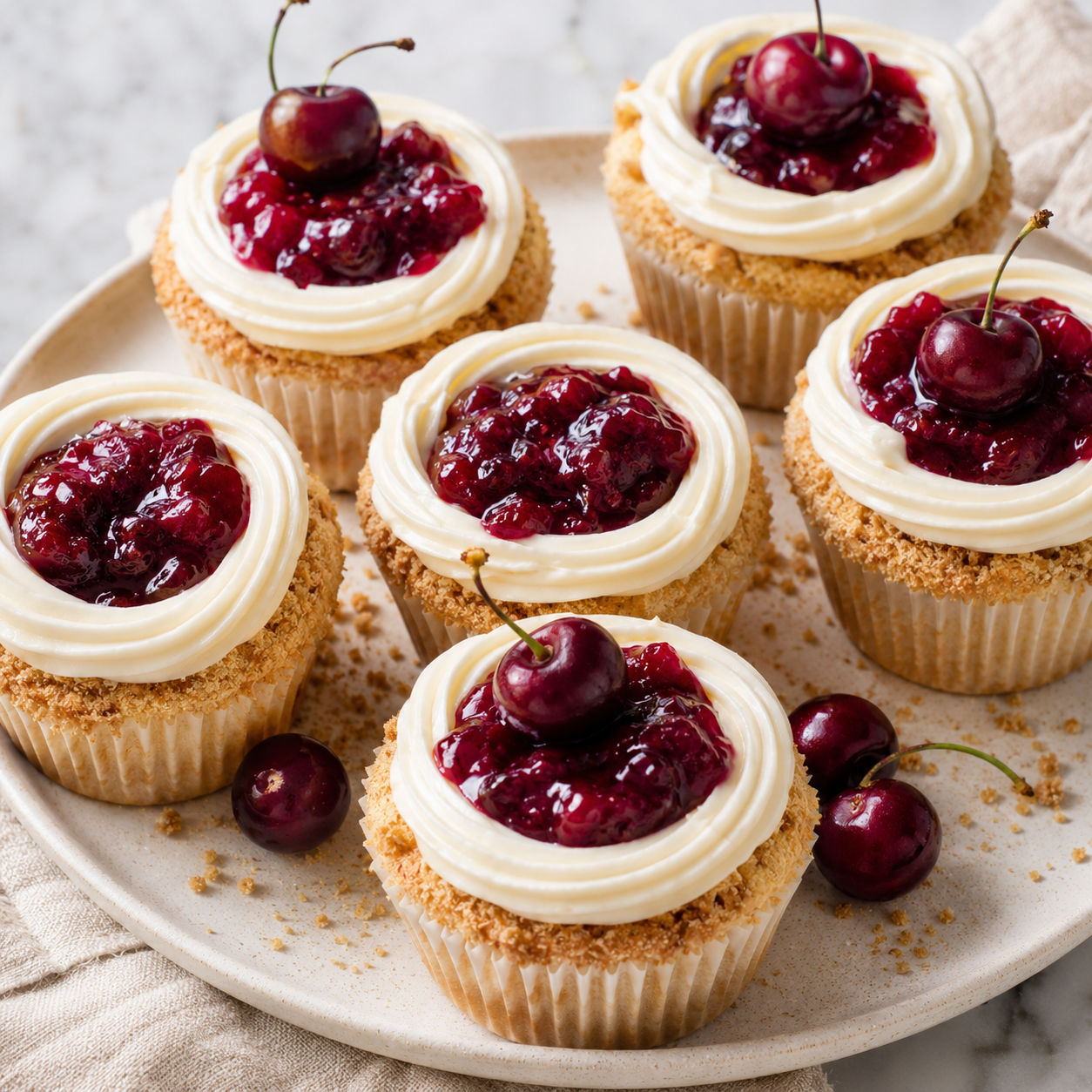 Cherry cheesecake cupcakes with cream cheese frosting and fresh cherry filling