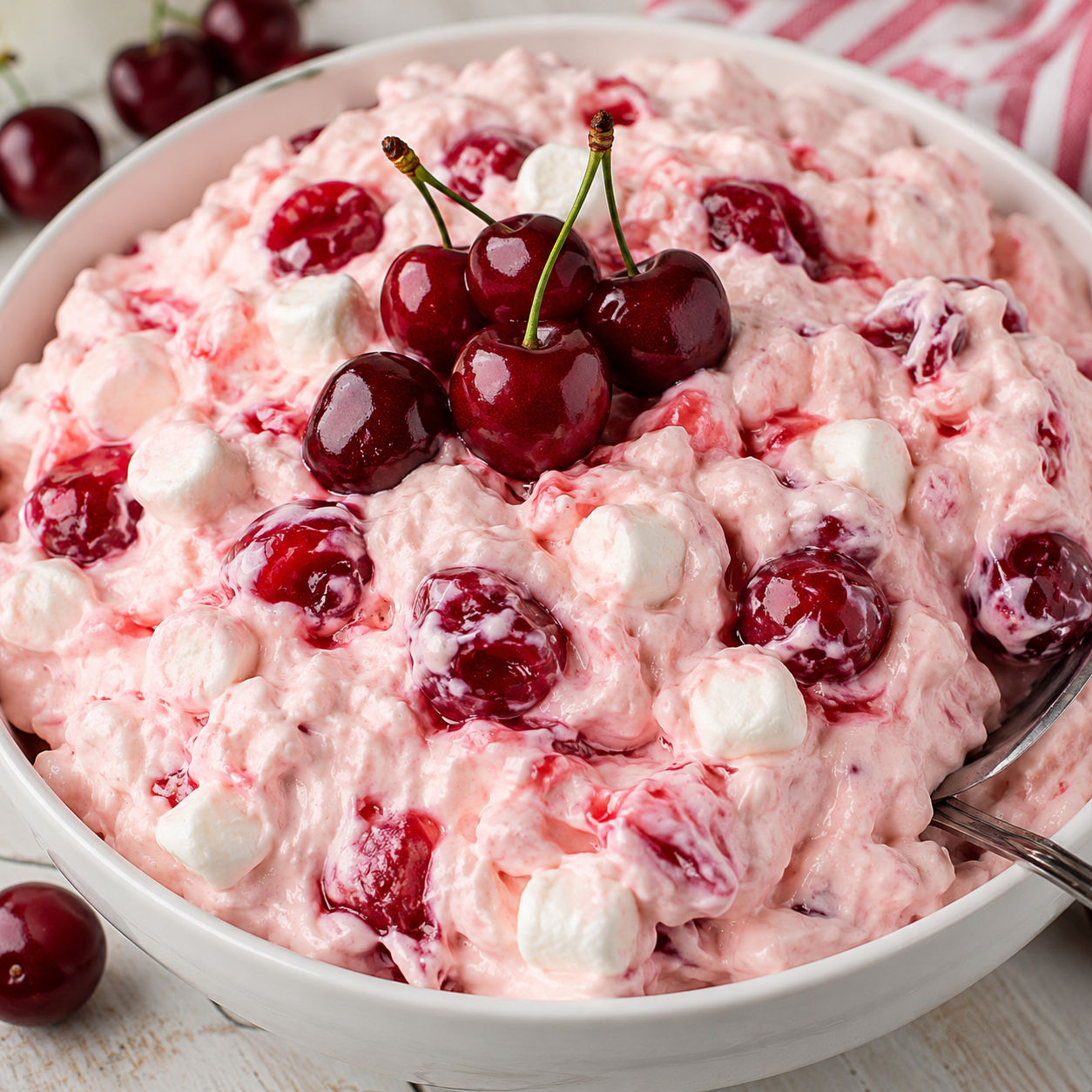Cherry cheesecake fluff with cherries and mini marshmallows in a white bowl