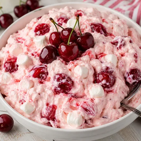 Cherry cheesecake fluff with cherries and mini marshmallows in a white bowl