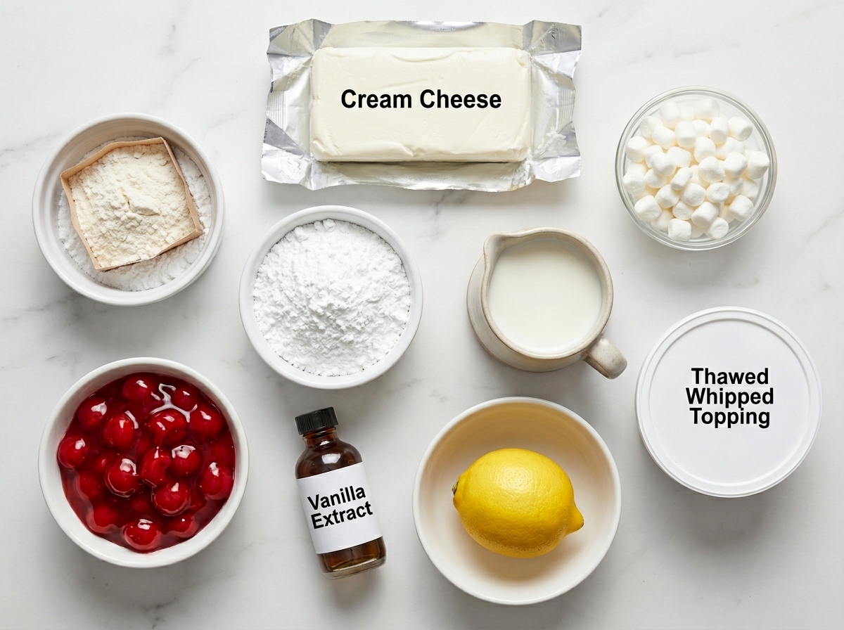 Ingredients for cherry cheesecake fluff with cream cheese, cherries, and marshmallows