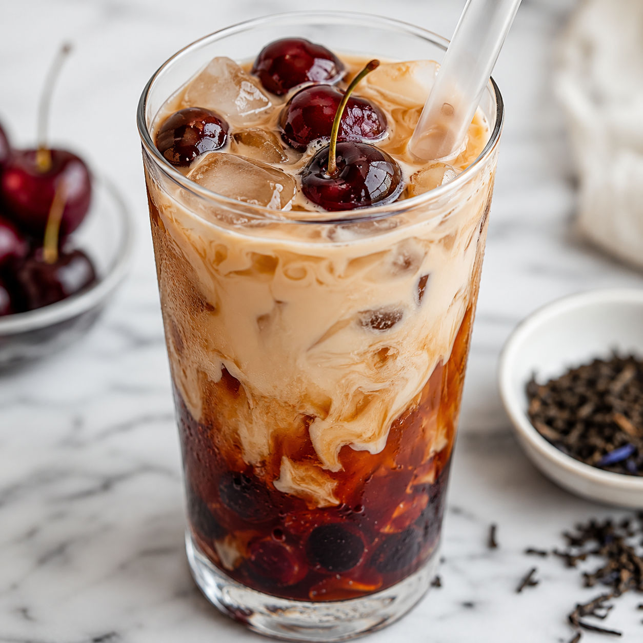 Glass of cherry Earl Grey milk tea with ice and fresh cherries on a marble surface