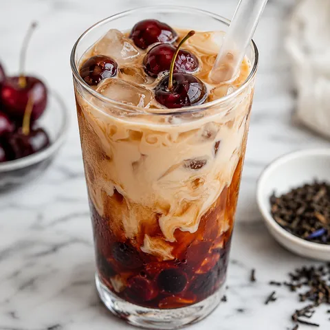 Glass of cherry Earl Grey milk tea with ice and fresh cherries on a marble surface