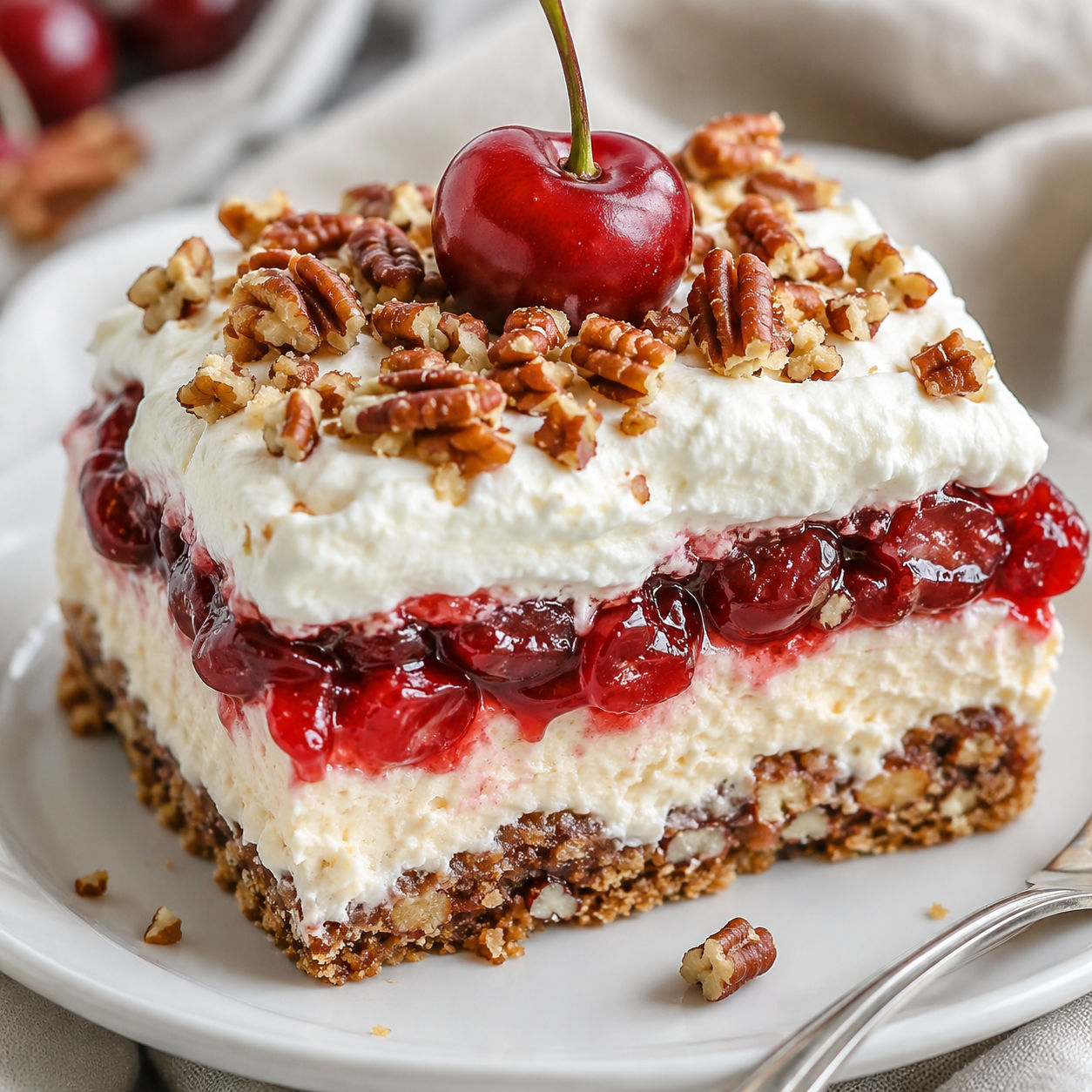 Cherry pecan cheesecake lush slice with whipped topping and toasted pecans