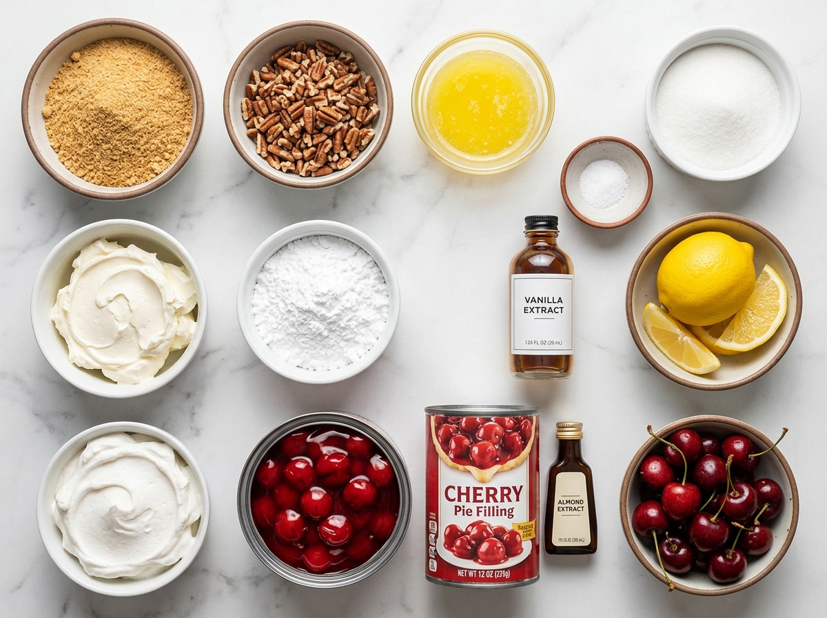 Ingredients for cherry pecan cheesecake lush with cream cheese, cherries, and pecans
