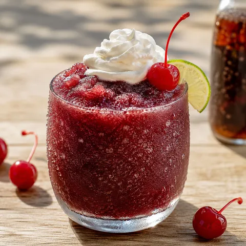 Cherry rum coke slushie with maraschino cherry and lime
