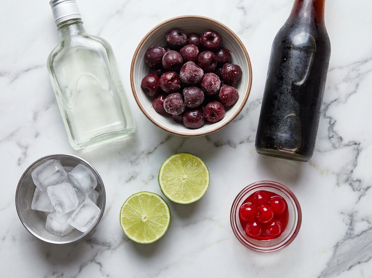 Ingredients for cherry rum coke slushies with cherries, cola, rum, lime, and ice