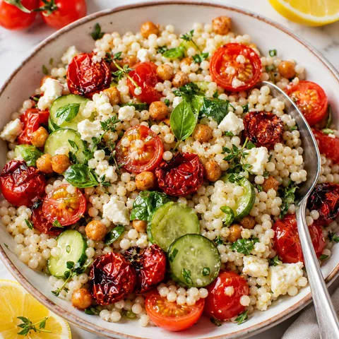 Cherry tomato couscous salad with feta, cucumber, chickpeas, and herbs