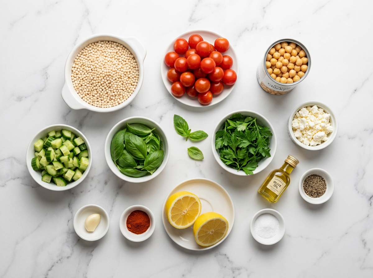 Ingredients for cherry tomato couscous salad on a marble surface
