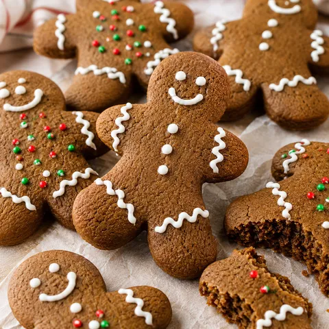Decorated chewy gingerbread man cookies with white icing on parchment