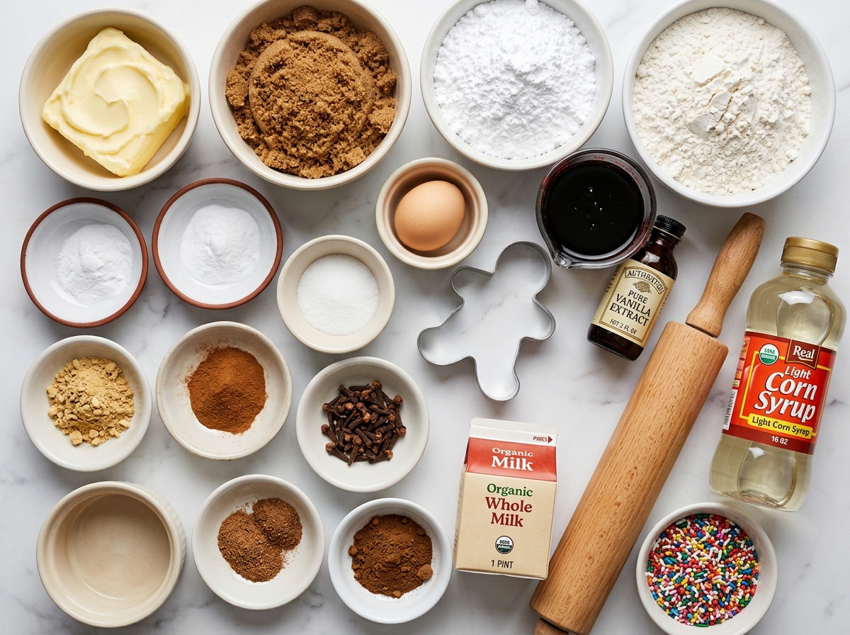 Ingredients for chewy gingerbread man cookies with molasses and spices