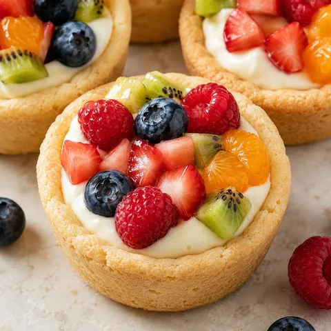 Sugar cookie cups filled with cheesecake cream and fresh berries