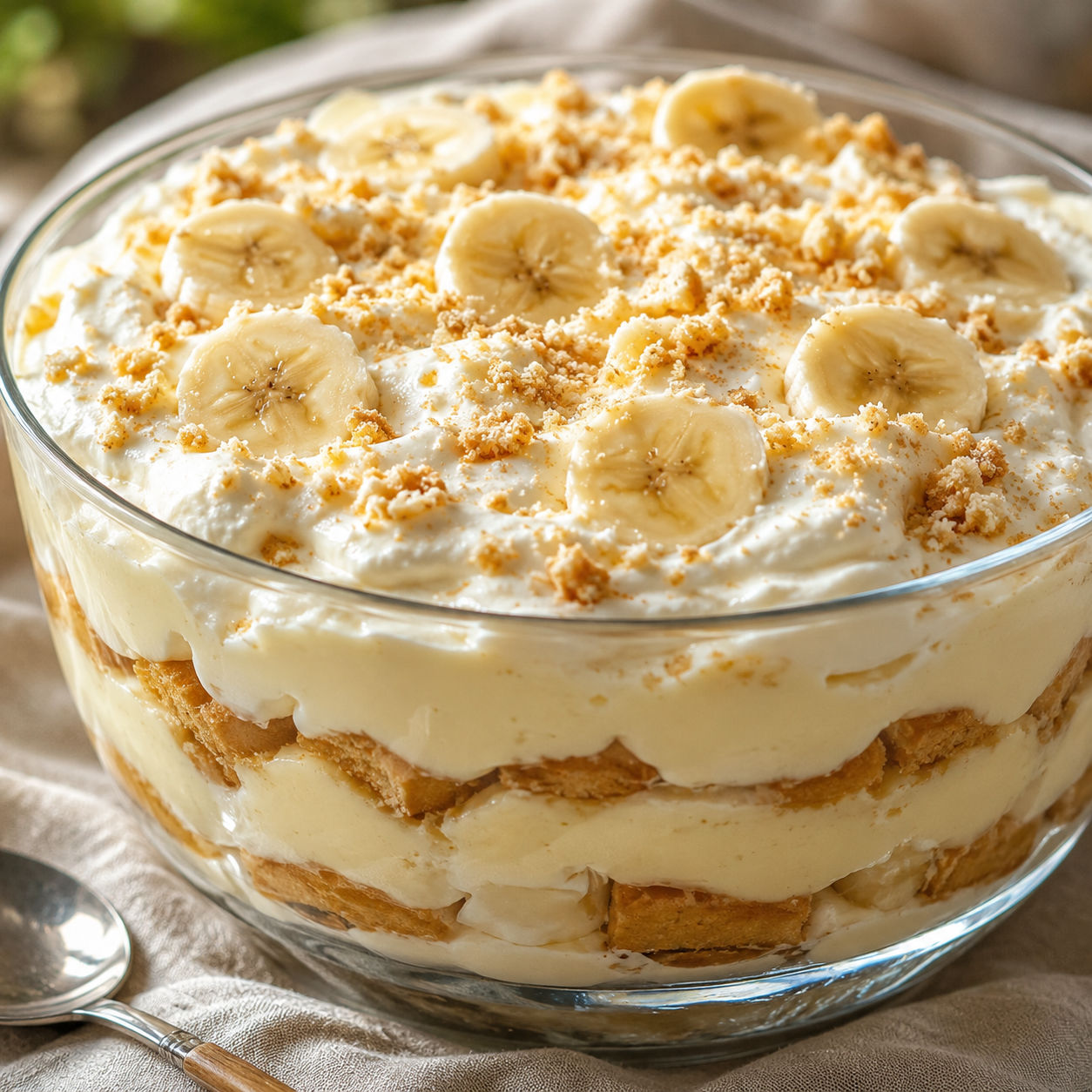 Chick-fil-A style banana pudding with wafers, whipped topping, and fresh bananas