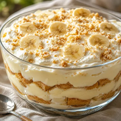Chick-fil-A style banana pudding with wafers, whipped topping, and fresh bananas