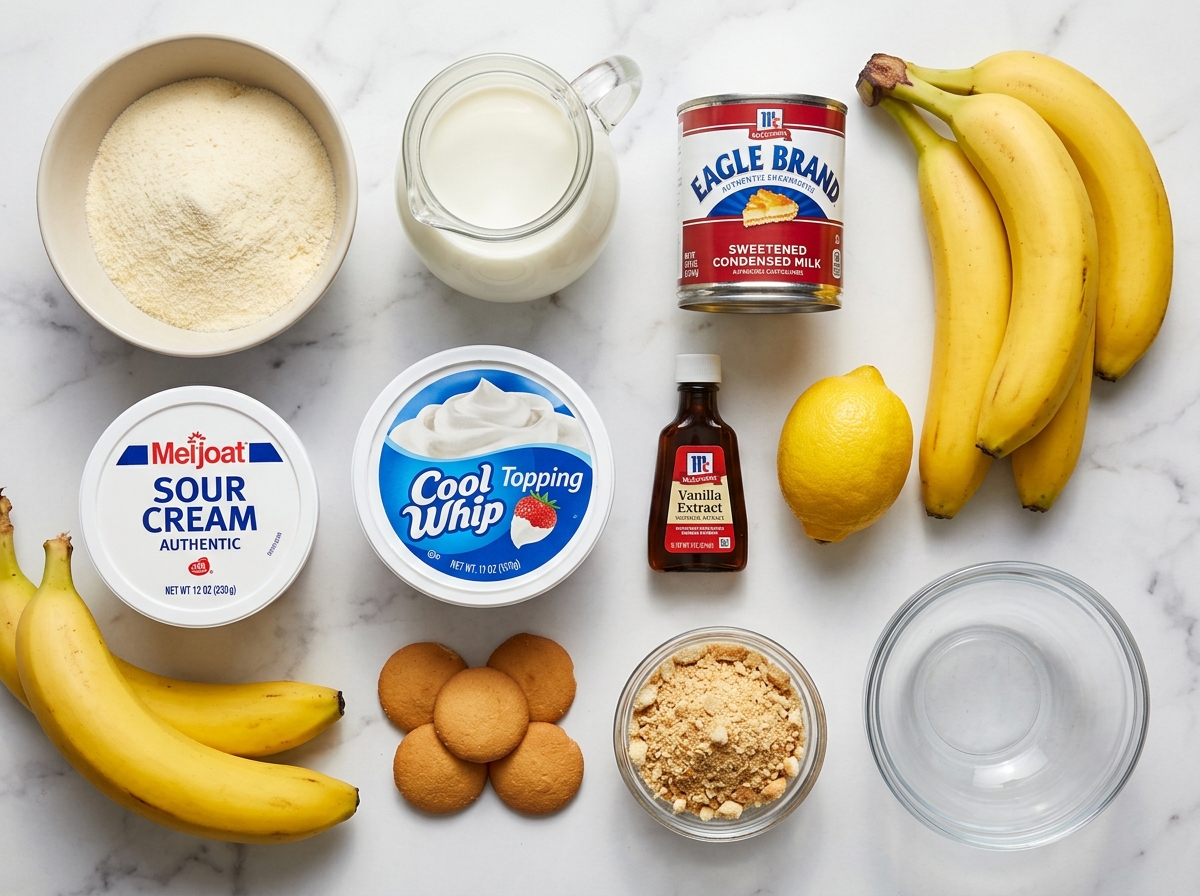 Ingredients for banana pudding with wafers, milk, whipped topping, and bananas