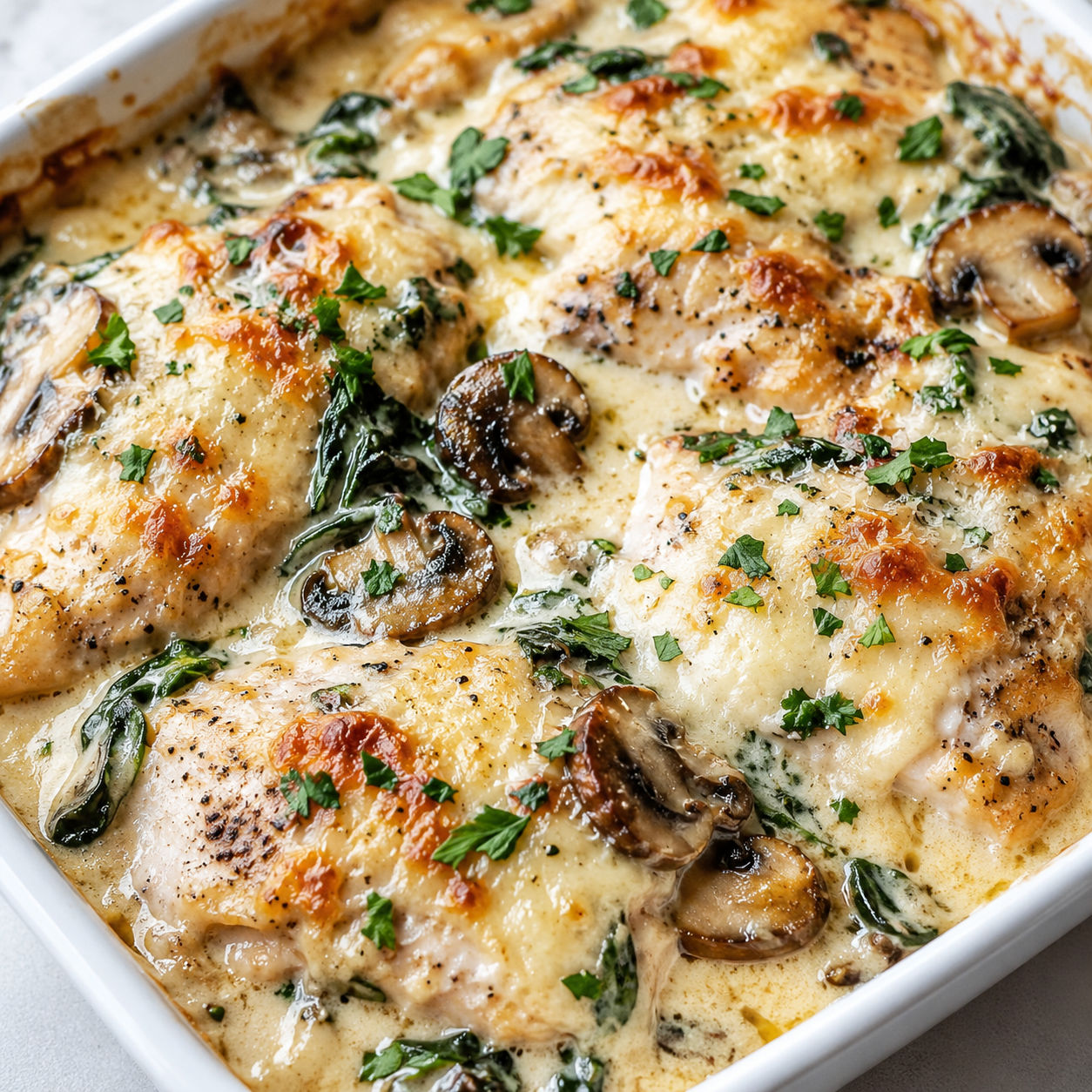 Creamy chicken spinach mushroom bake with melted cheese and parsley