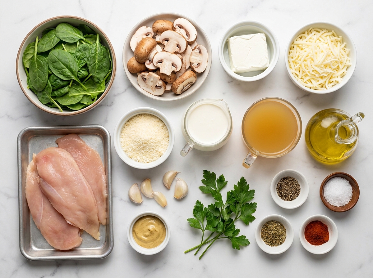 Chicken, spinach, mushrooms, cheeses, cream, broth, and seasonings