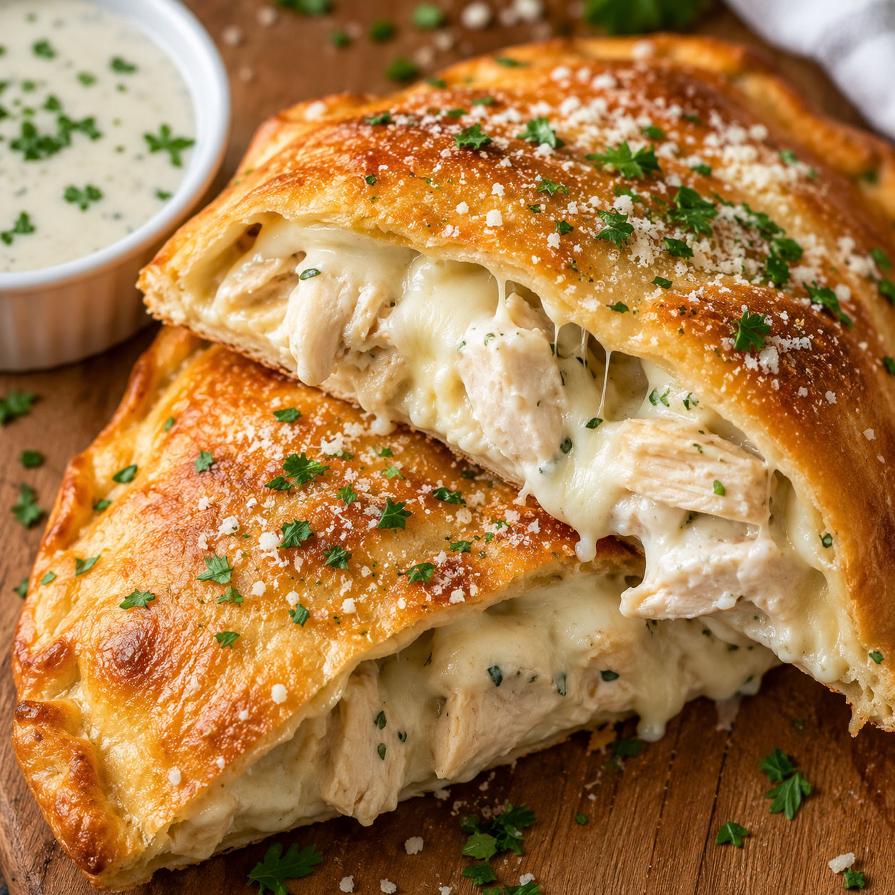 Golden chicken Alfredo calzone cut open with creamy filling and melted cheese