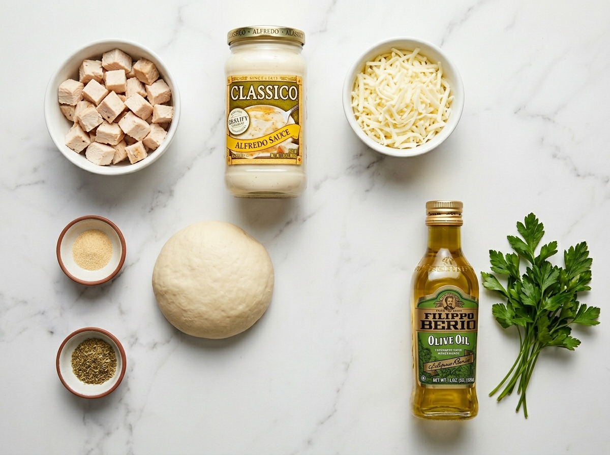 Raw ingredients for chicken Alfredo air fryer calzones on marble