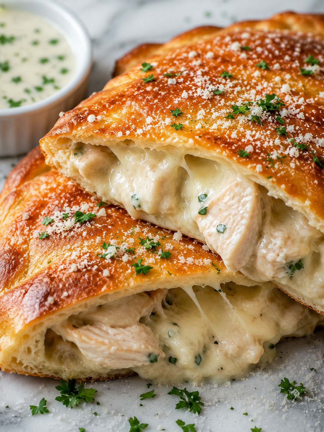 Chicken Alfredo Air Fryer Calzones, plated and served