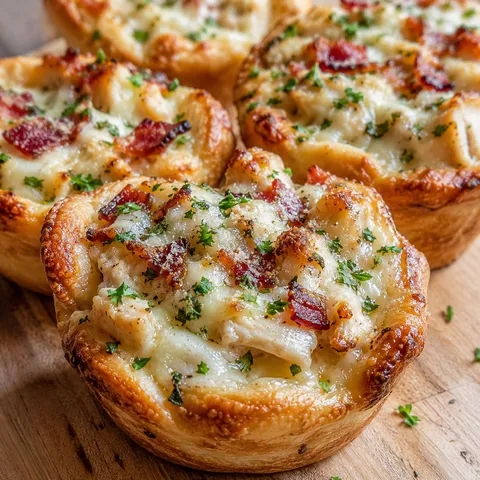 Chicken Alfredo puffs with bacon, garlic butter, Parmesan, and parsley