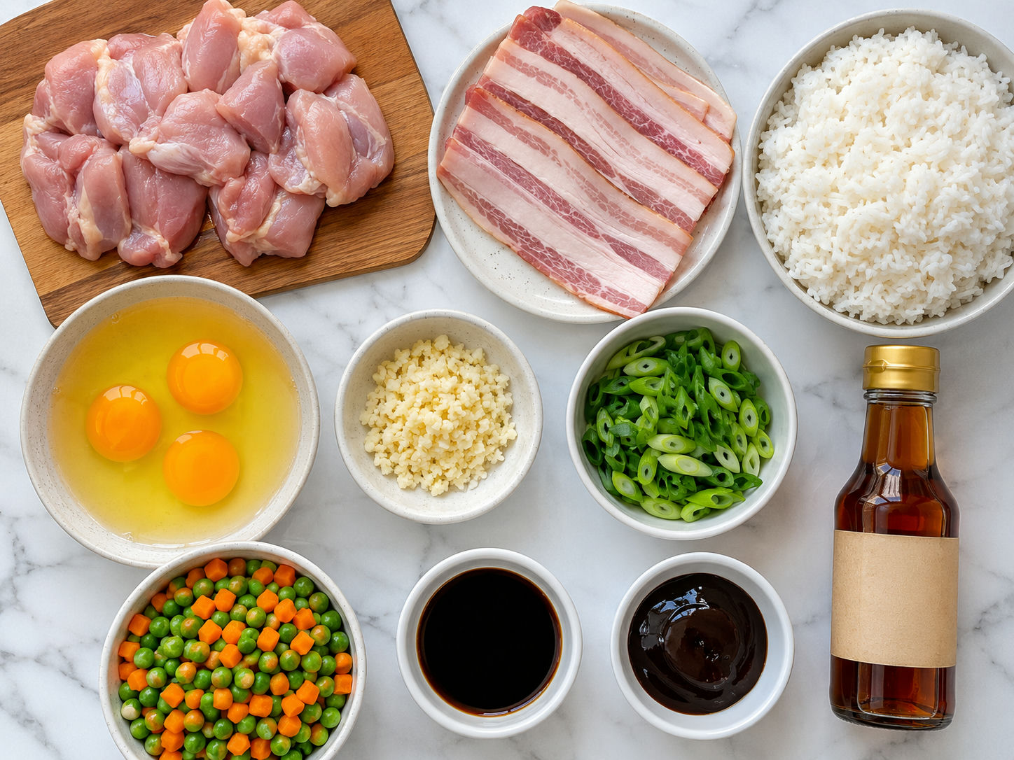 Raw ingredients for chicken and bacon fried rice arranged on a wooden surface