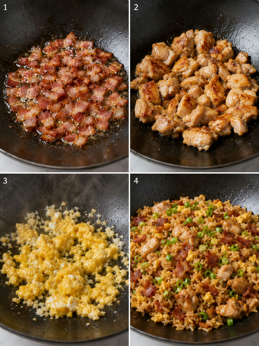 Four cooking steps for chicken and bacon fried rice from rendering bacon to the finished dish