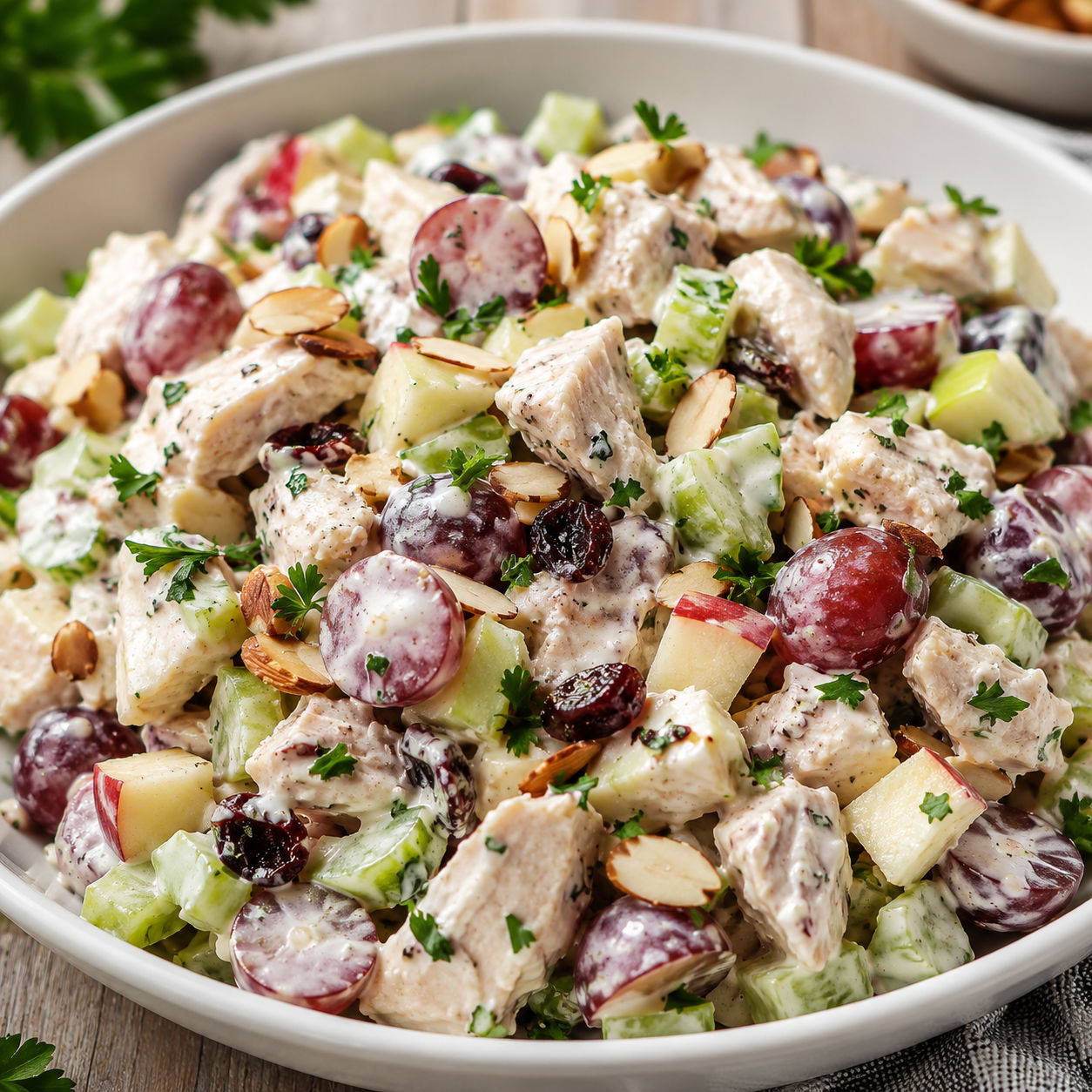 Chicken apple grape salad with almonds and cranberries in creamy dressing