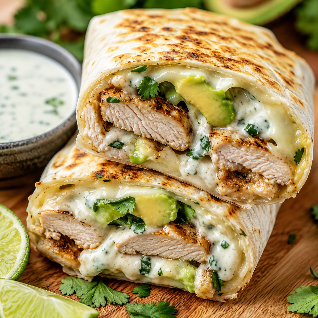 Toasted chicken avocado ranch burritos with creamy ranch and cilantro